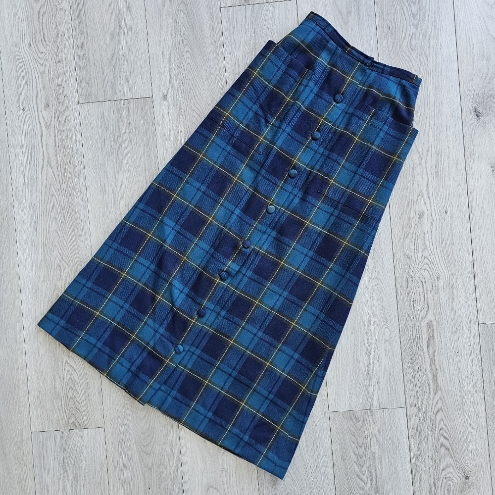 Vintage Highland Queen Wool Blue Tartan‎ Academia Full Length Maxi Skirt, XXS